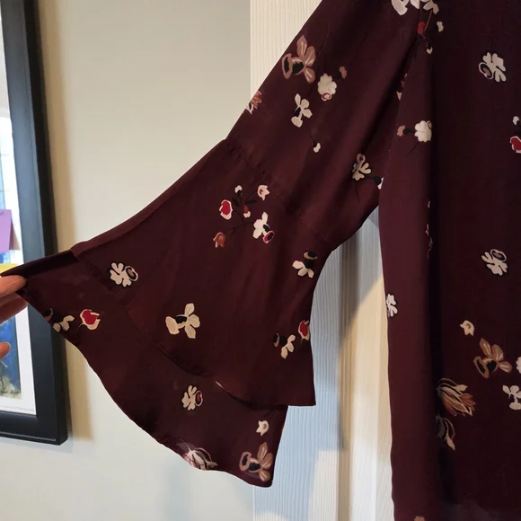 LOFT Burgundy Floral Ruffle-Sleeve Blouse - Picture 2 of 4